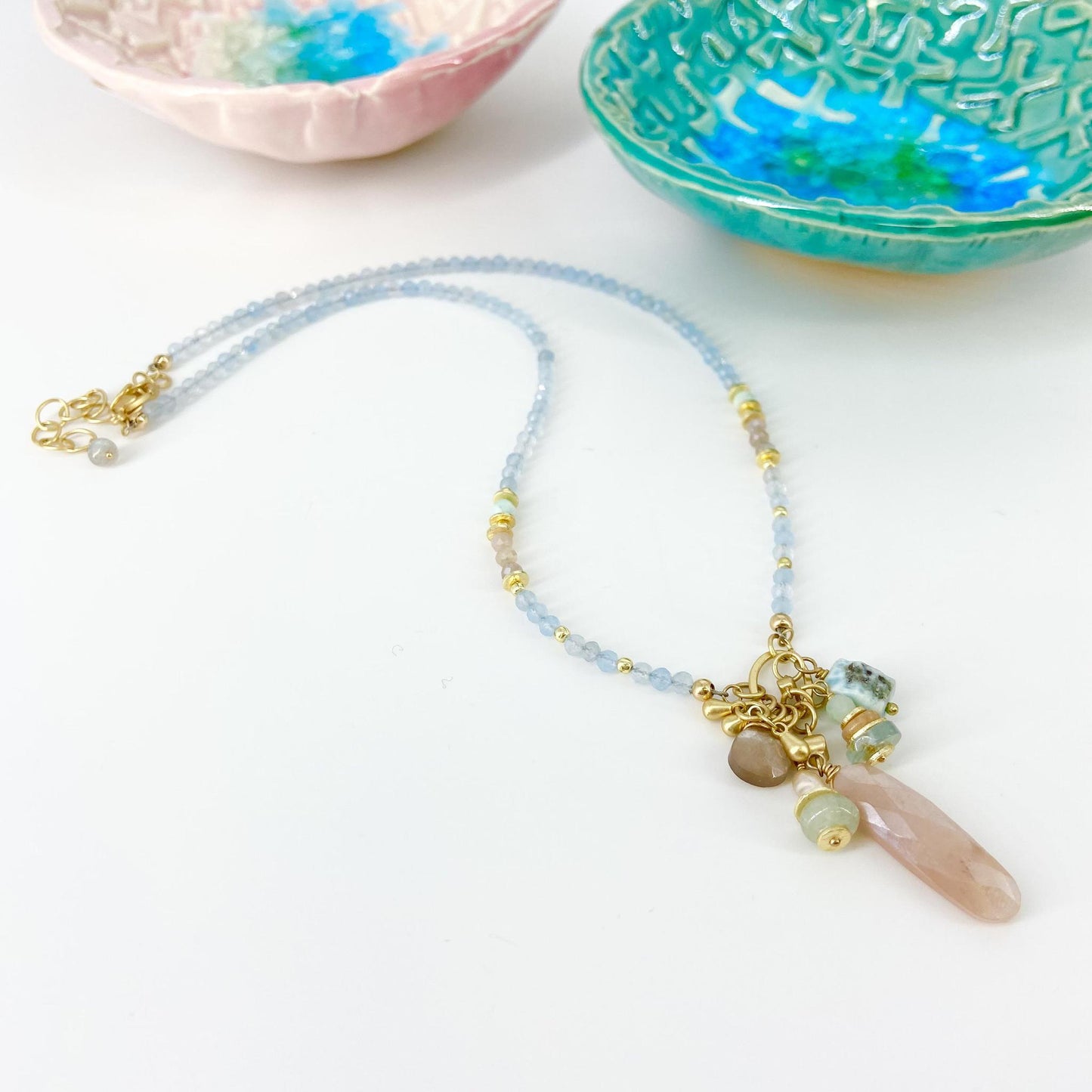 Necklace - Larimar/Aquamarine/Pearl/Moonstone - Gold On Brass