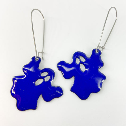 Earrings - Spooky Ghost - enamel on copper - blue