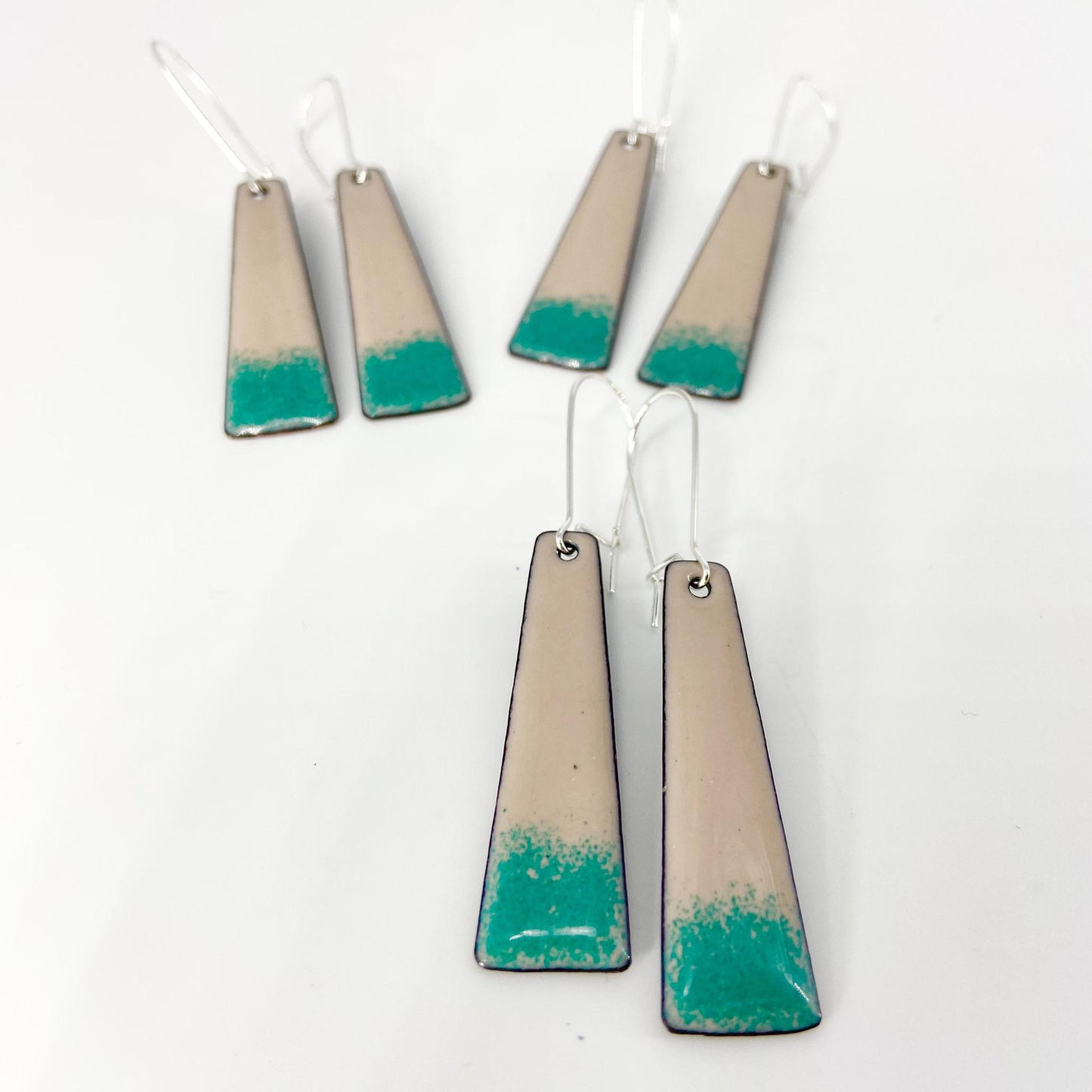 Earrings - Teal on Beige Bars - Enamel on Copper