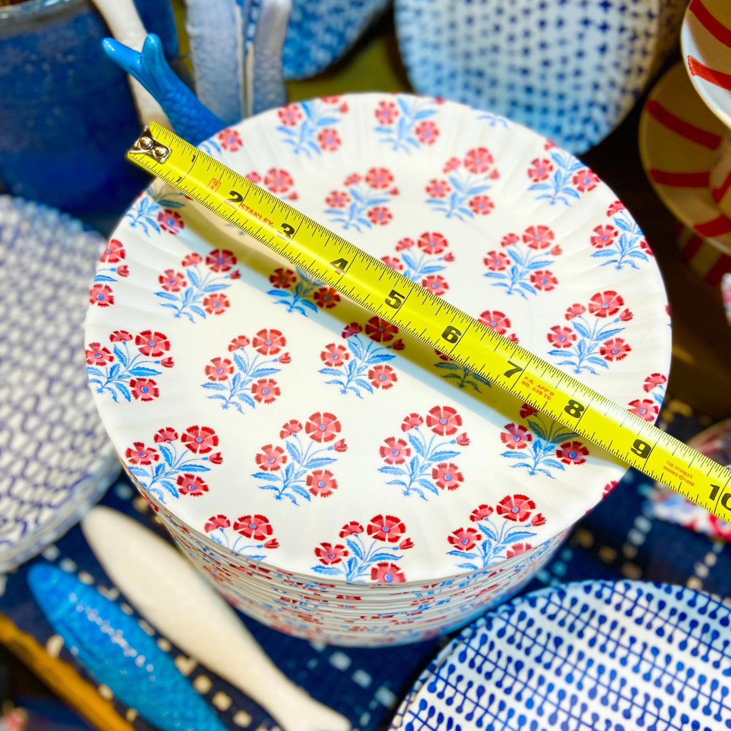 Plate - 9" "Paper Plate" Red With Blue Center Flowers - Melamine