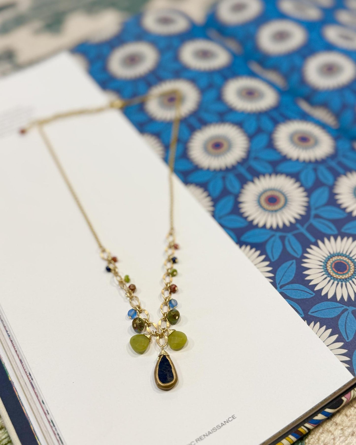 Necklace - Olive Jade/Czech Glass/Lapis Lazuli - Gold on Brass