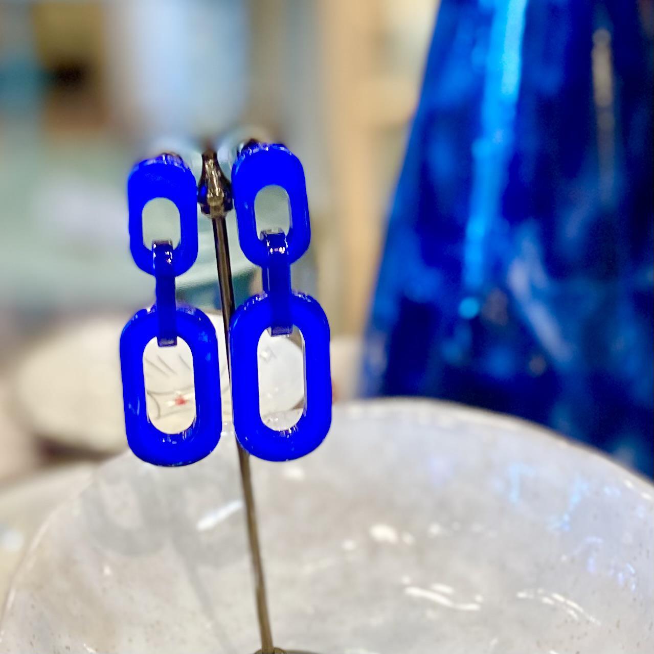 Earrings - Cable Chain Drop Post - Cobalt - Resin