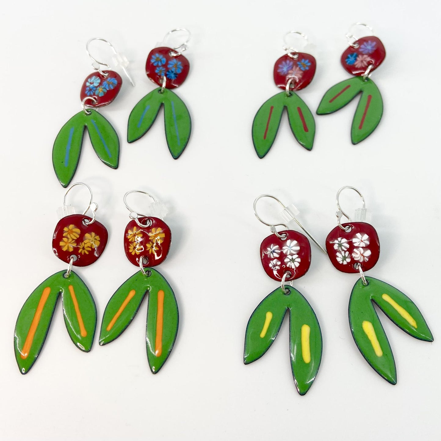 Earrings - Blooms & Leaves - Enamel on Copper