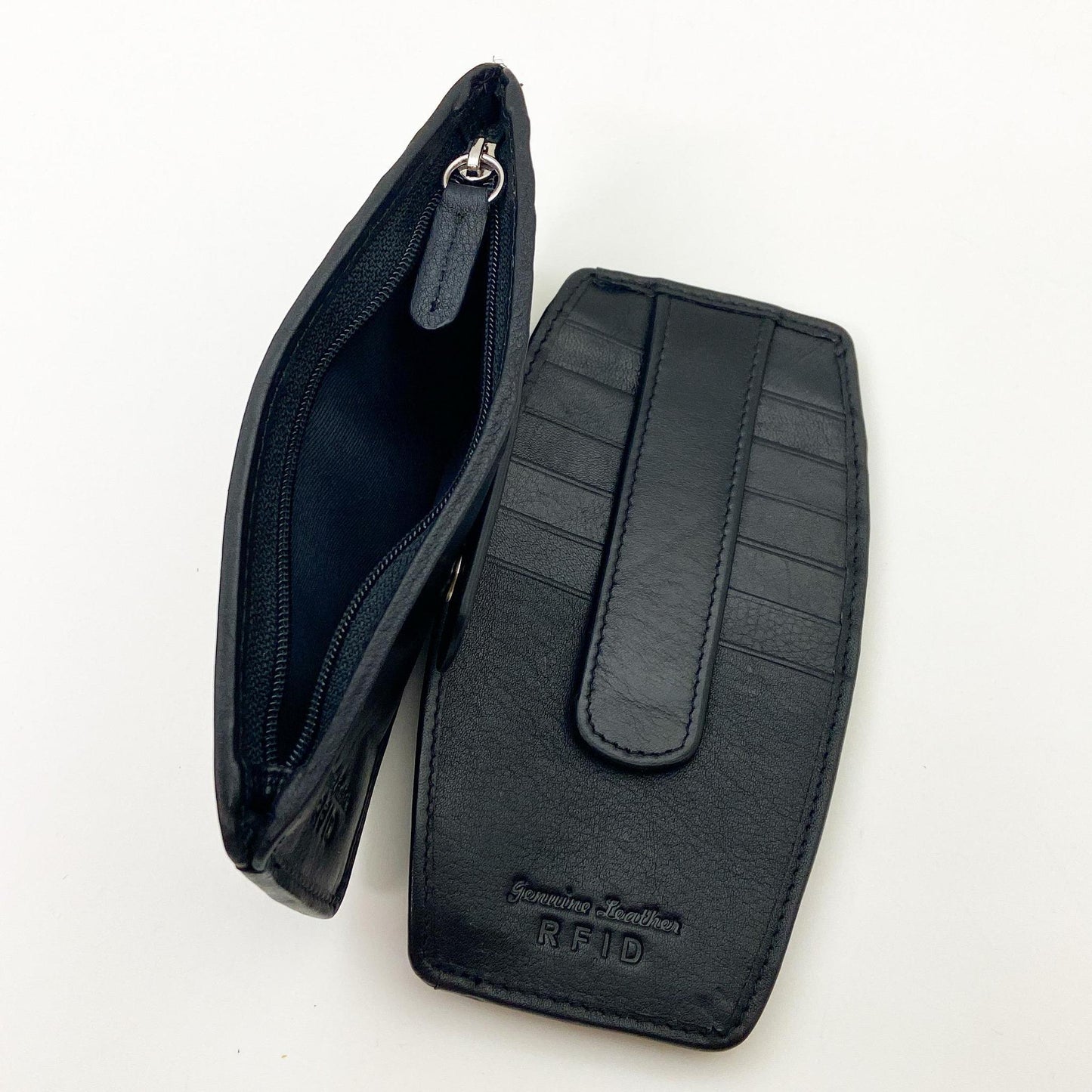 Leather Wallet - 11 Cards & Zippered Slot - Black