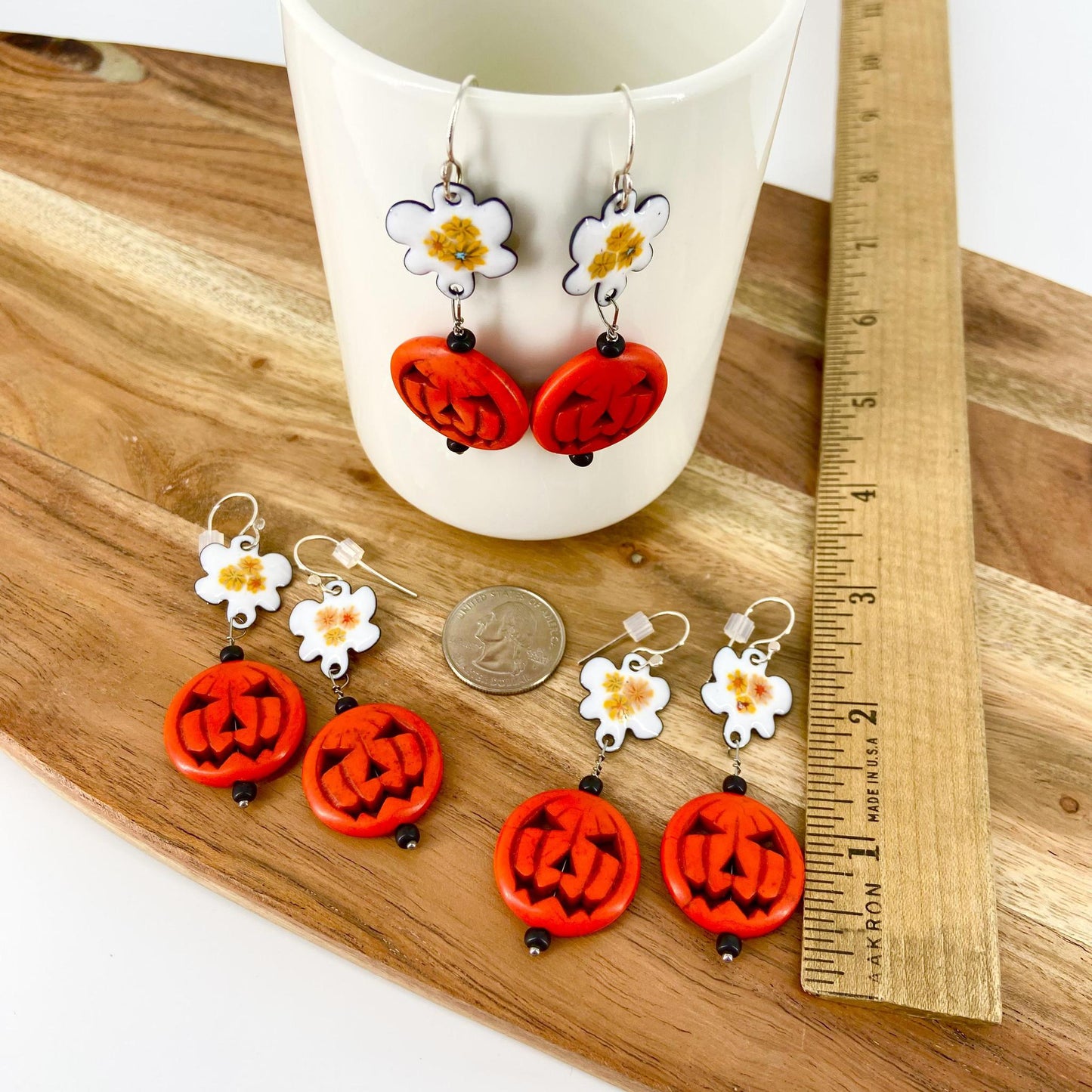 Earrings - Autumn Flowers & Carved Pumpkin - Enamel on Copper