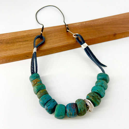 Necklace - 13 Hebron Glass Beads & Sterling Bead on Leather