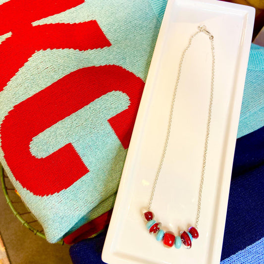 Necklace - Glass "Lifesaver" Beads - Turquoise/Red