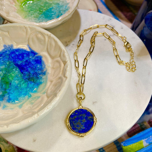 Necklace - Blue Lapis on Ida Paperclip Chain - 24kt Gold Plated