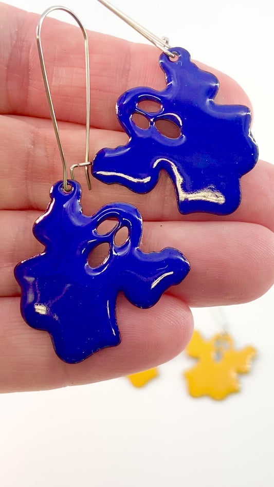 Earrings - Spooky Ghost - enamel on copper - blue