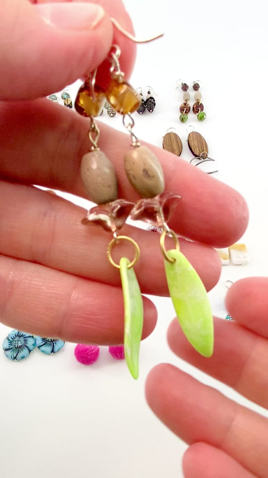 Earrings - Vintage Bead Originals - Green Leaf