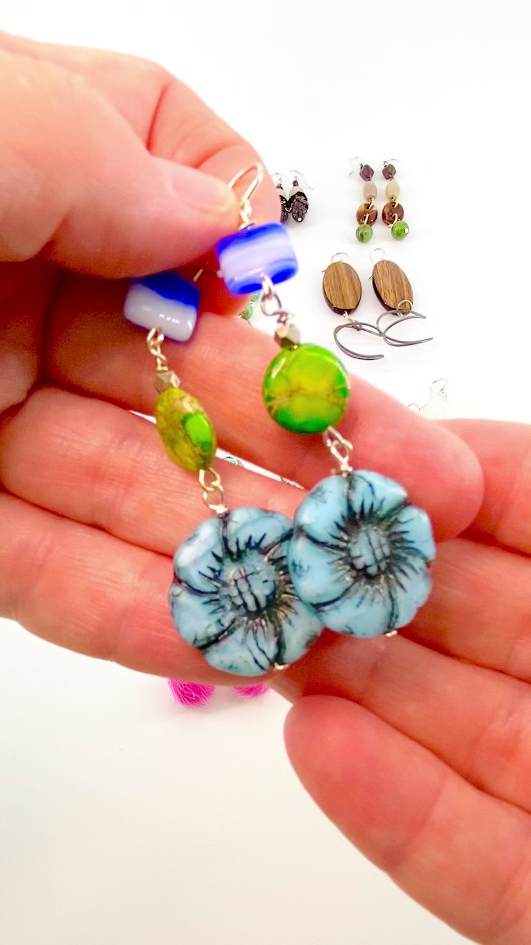 Czech Glass Earrings with Artisan Flower Beads, Mint Green and