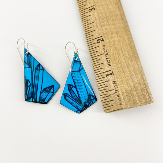 Earrings - Black Crystals on Blue Kites - Enamel on Copper