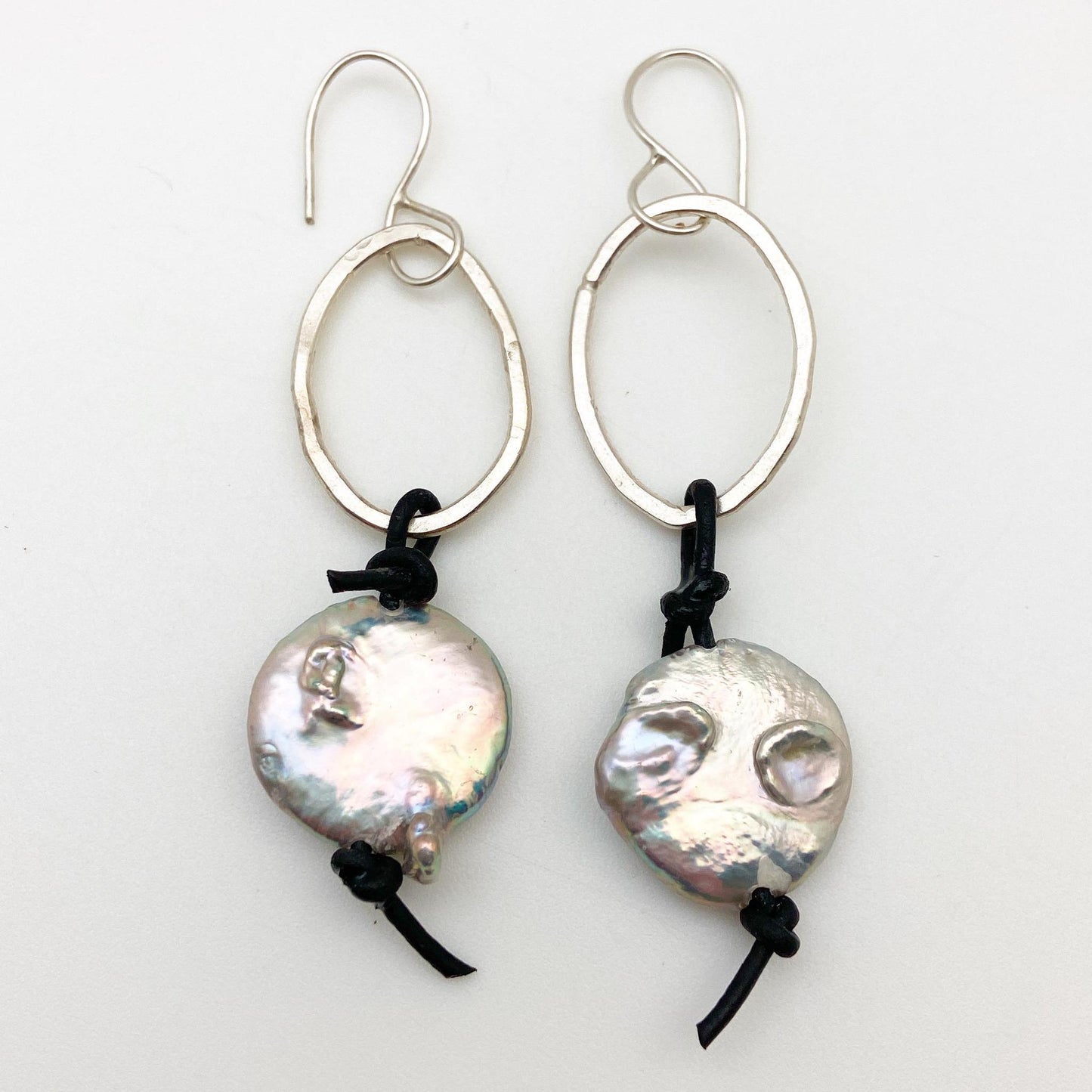 Earrings - Stacked Corded Flat Pearl and Silver Ovals - Sterling Originals