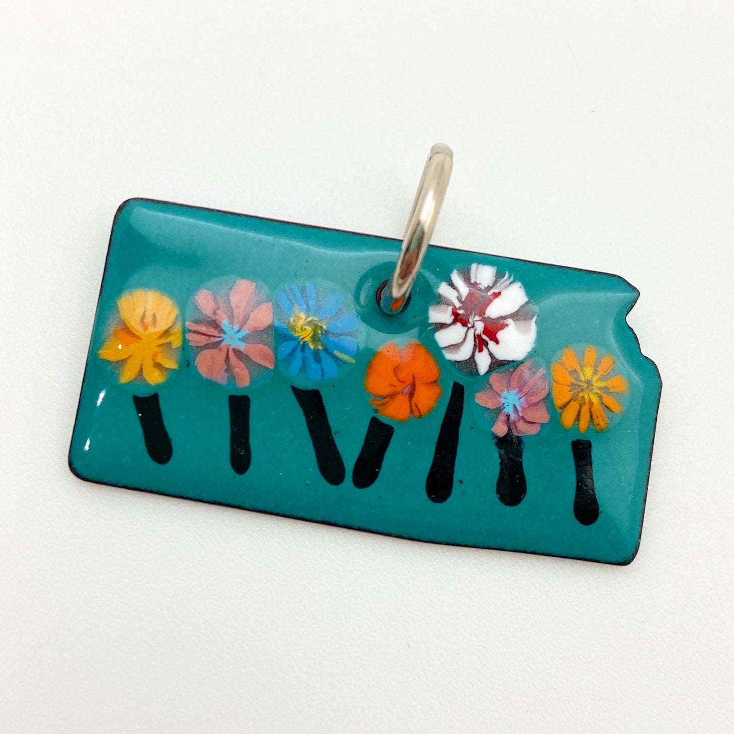 Pendant - Kansas Shape with Wild Flowers on Teal - Enamel on Copper