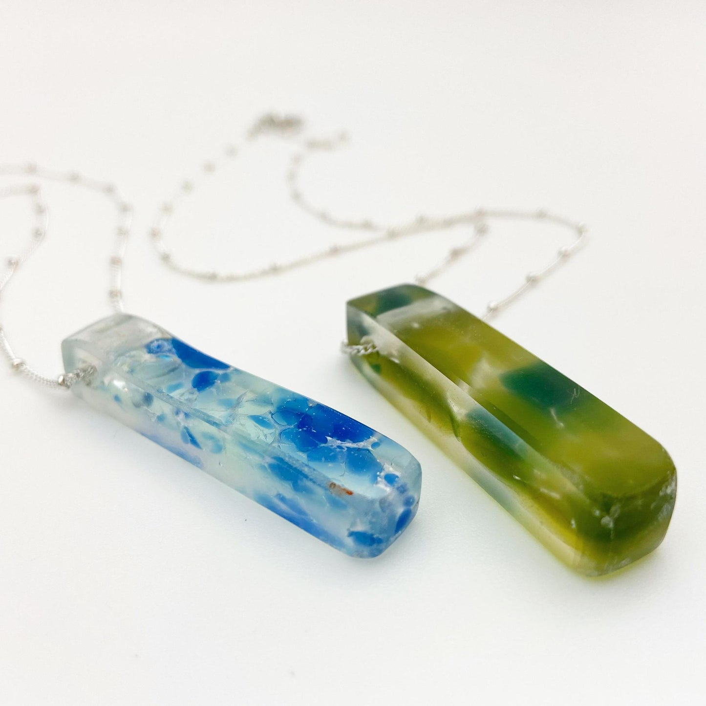 Necklace - Reclaimed Glass Slab on Sterling - Cool Blues