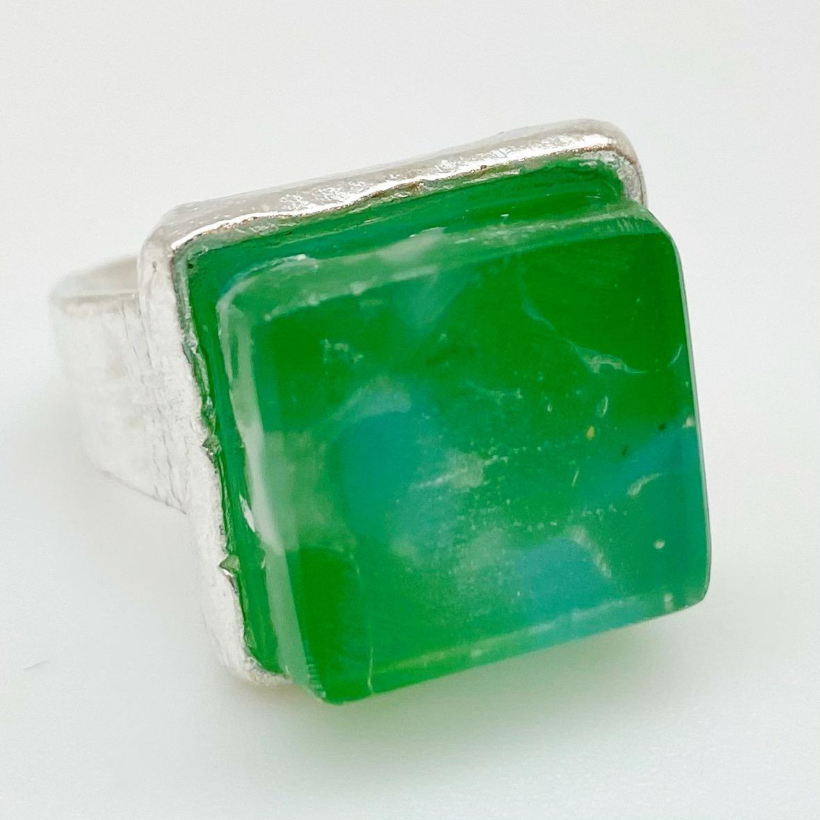 Ring - Reclaimed Fused Glass - Silver Base - "Blue Green"
