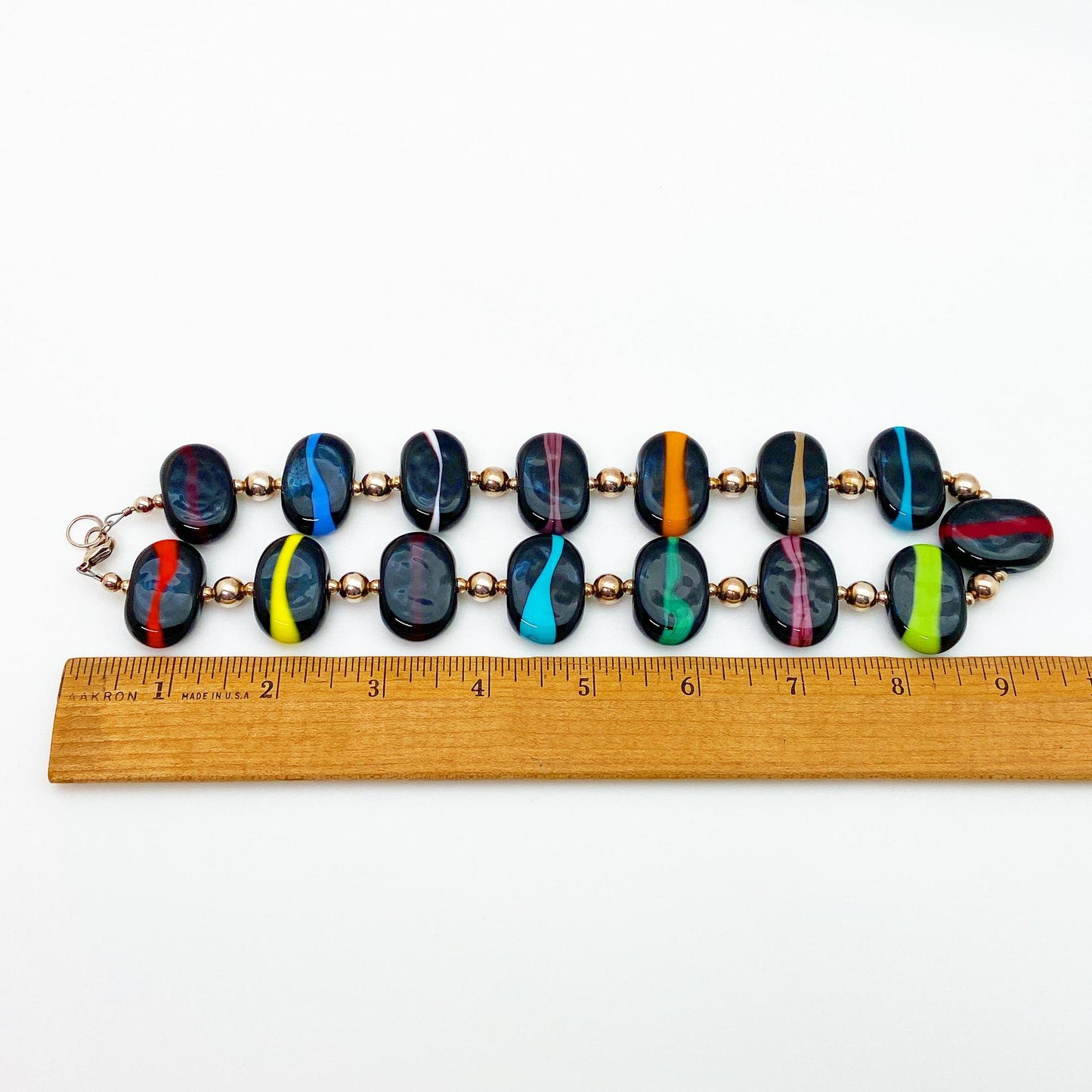 Necklace - Flat Glass Beads - Black with Colorful Veins
