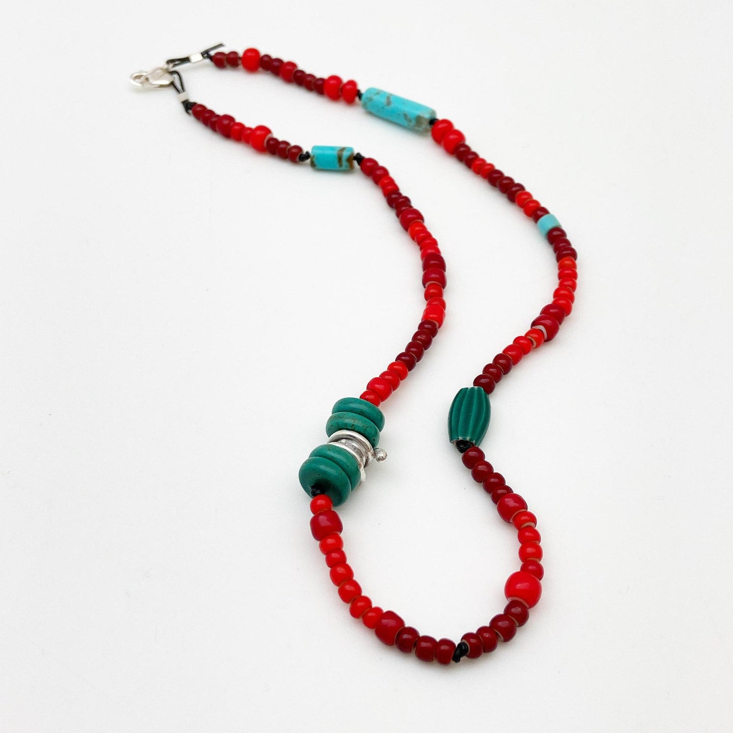 Necklace - African Trade Beads and Turquoise on Leather