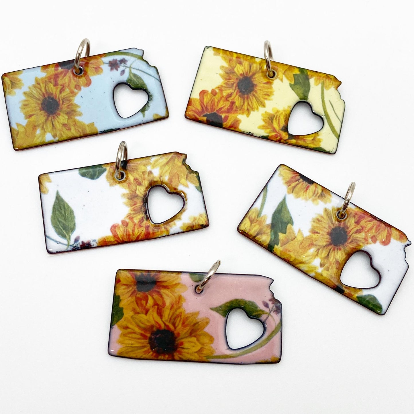 Pendant - Kansas Shape with Sunflowers on White - Enamel on Copper