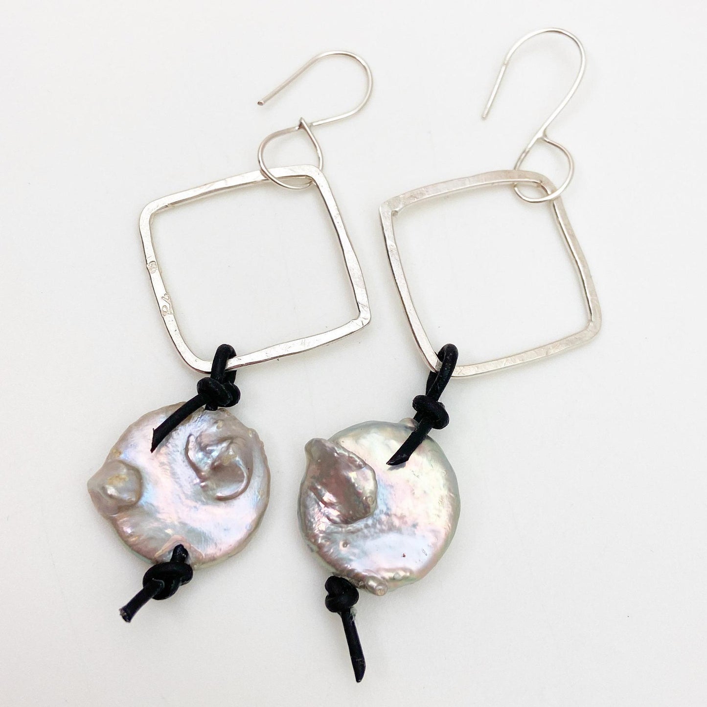 Earrings - Coin Pearl with Sterling Diamonds and Leather