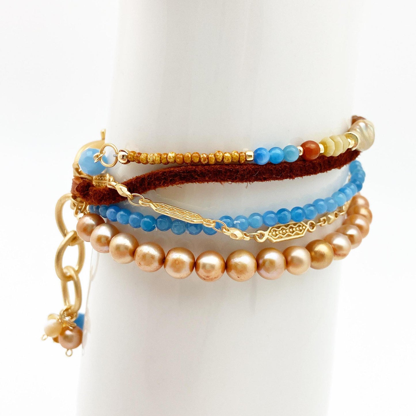 Bracelet - "Sand and Sea" - Agate, Pearl, Cat's Eye, and Leather