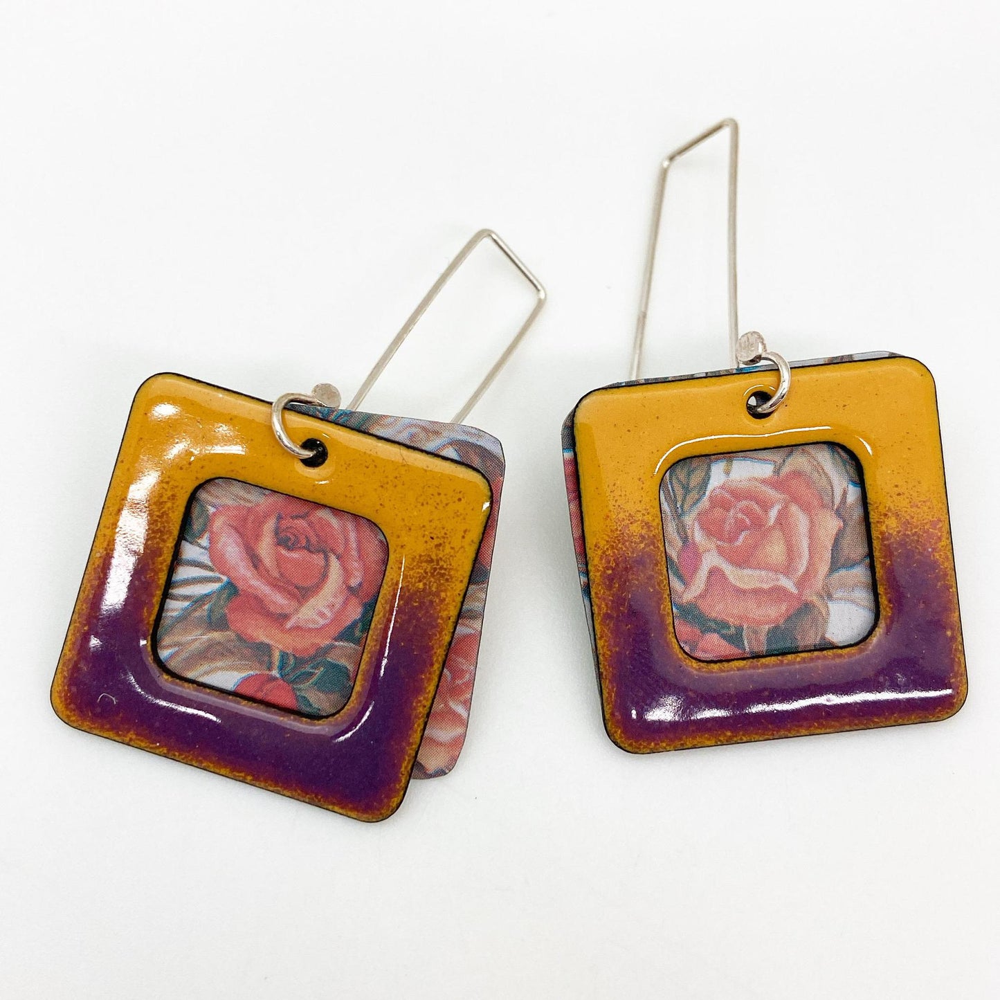 Earrings - Tin Flowers with Sunset Frame - Enamel on Copper & Vintage Tin