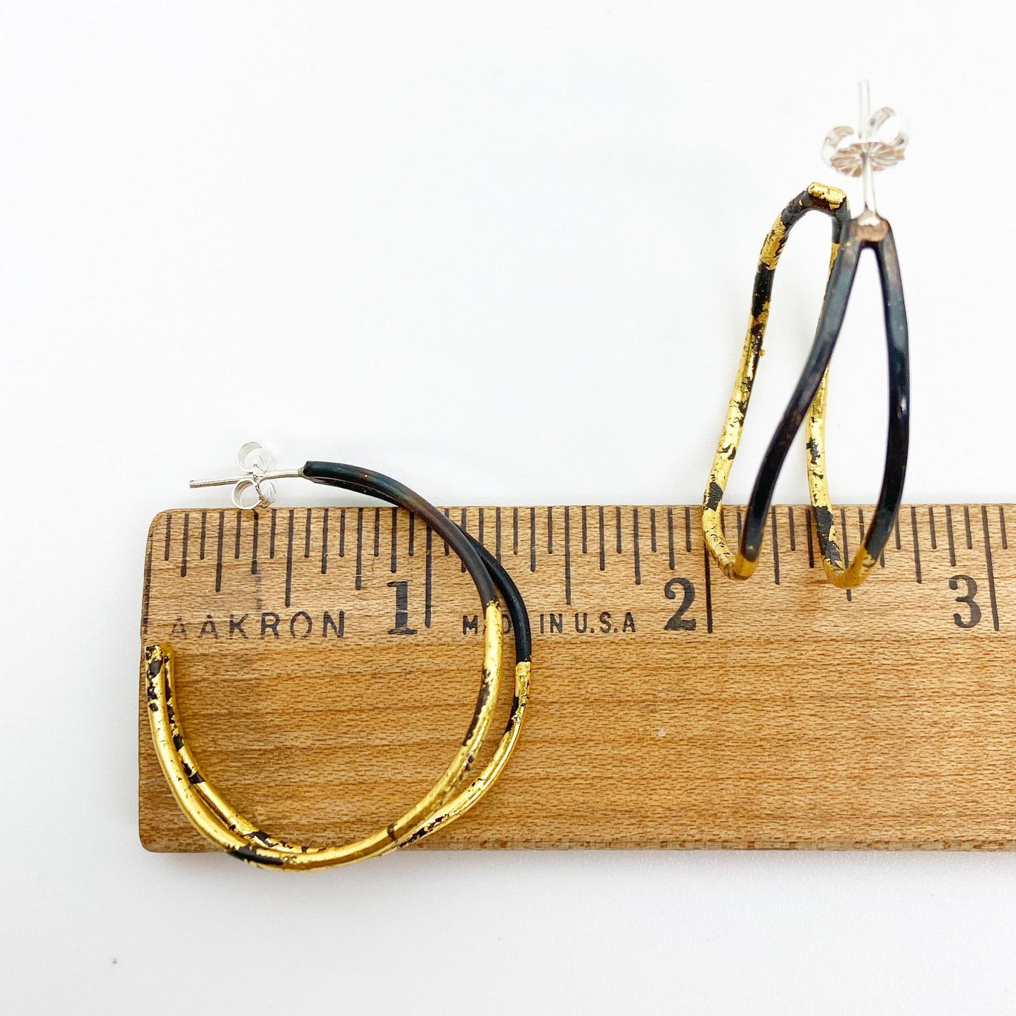 Earrings - Double Semi-Circles in Blackened Steel with 23kt Gold
