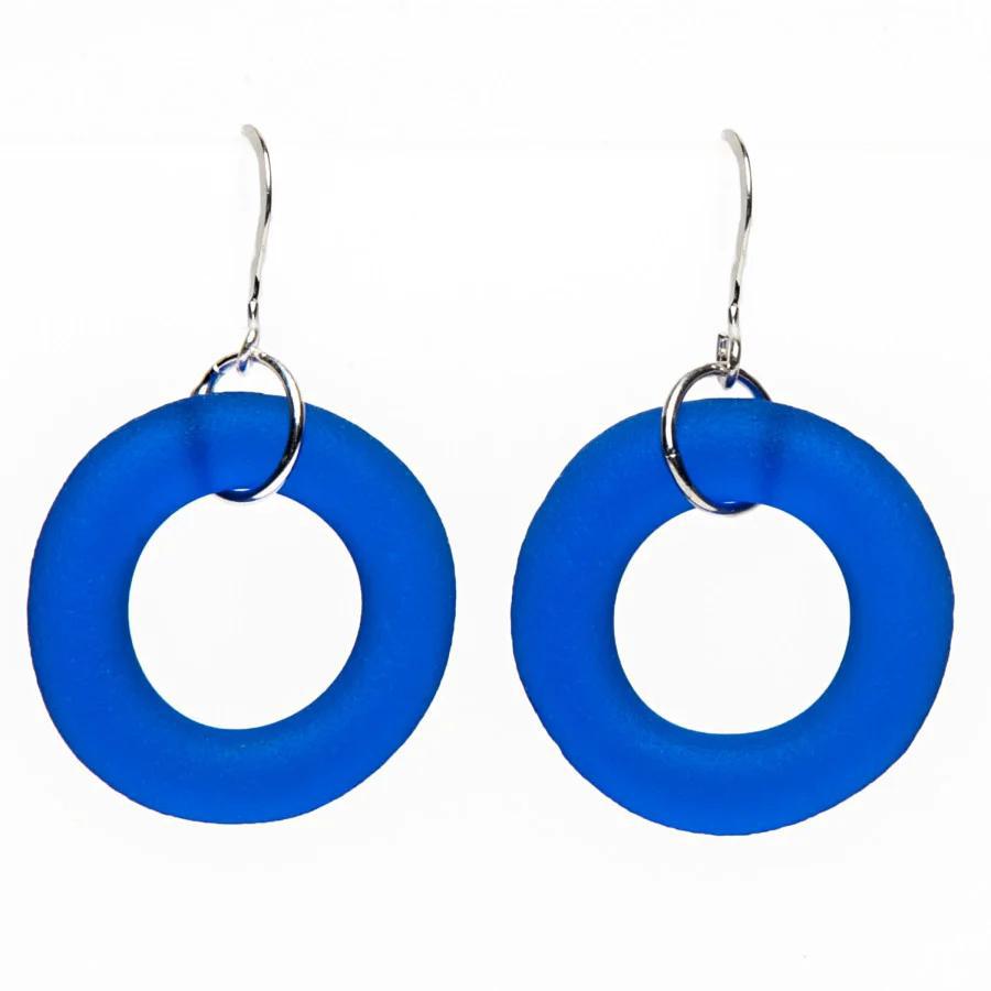 Earrings - Reclaimed Glass Circles on Sterling - Cobalt