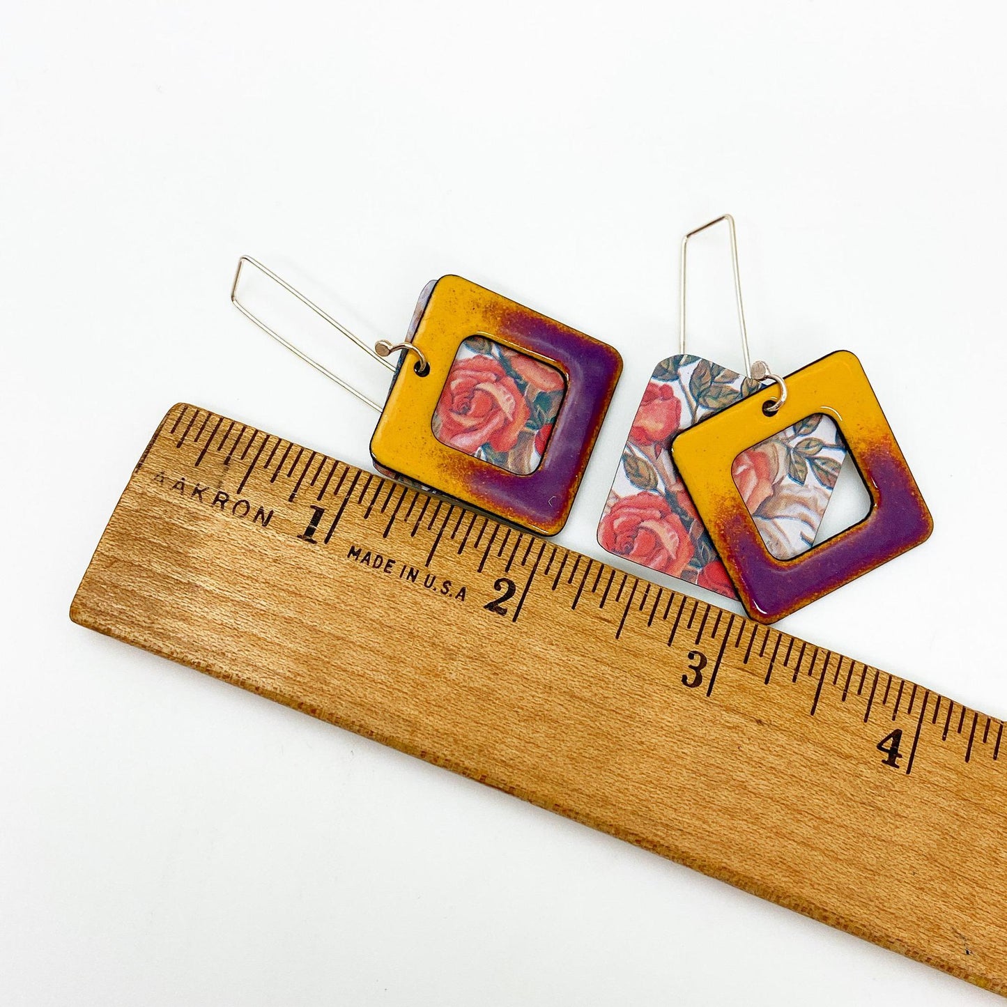 Earrings - Tin Flowers with Sunset Frame - Enamel on Copper & Vintage Tin