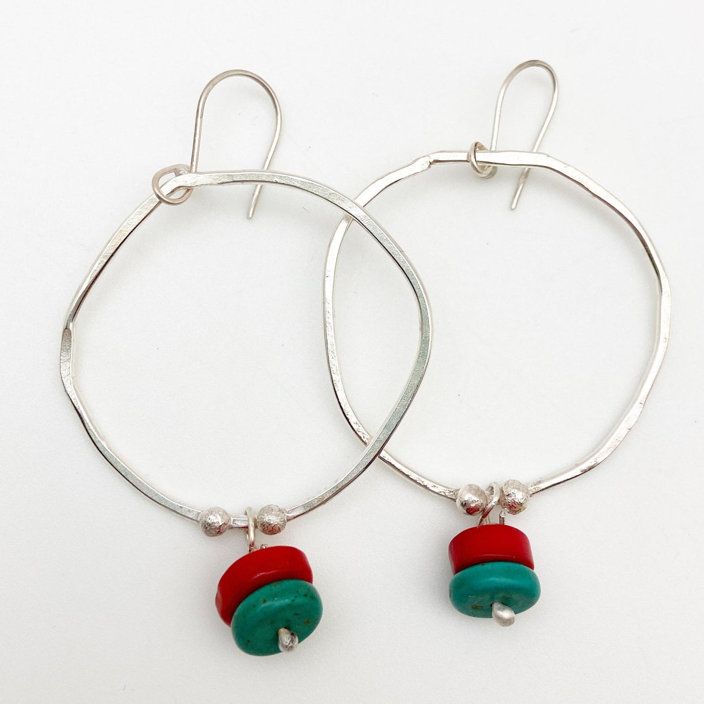 Earrings - Dotted Hoops with Coral and Turquoise Beads - Sterling Originals