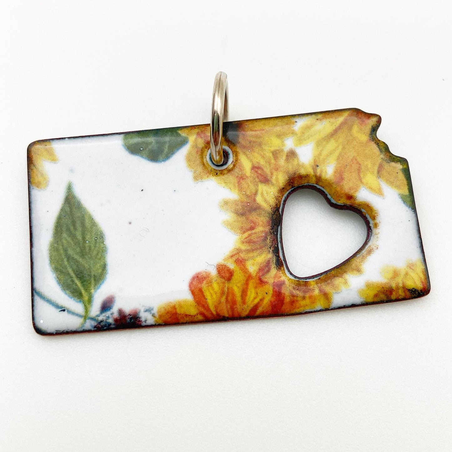 Pendant - Kansas Shape with Sunflowers on White - Enamel on Copper