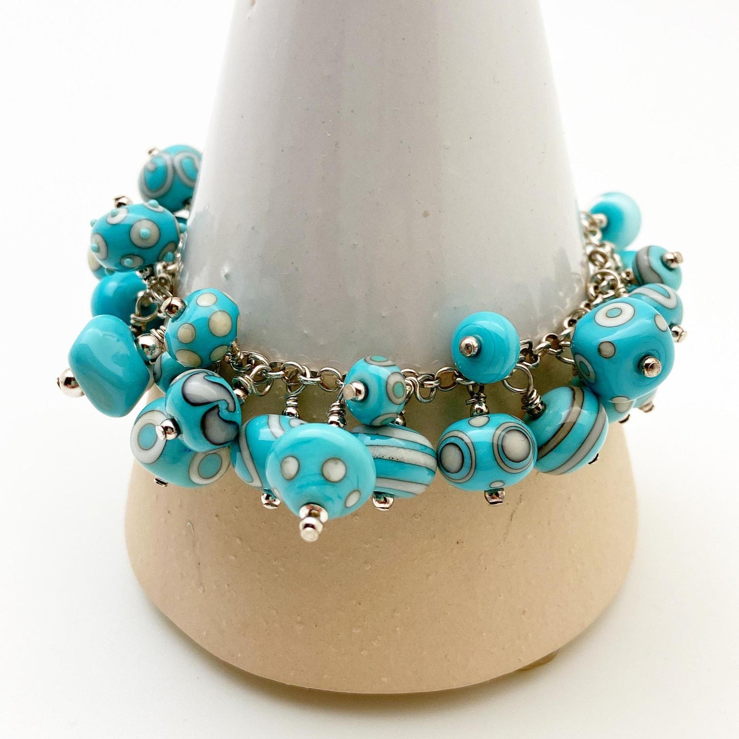 Bracelet - Turquoise and White Charms - Handmade Glass