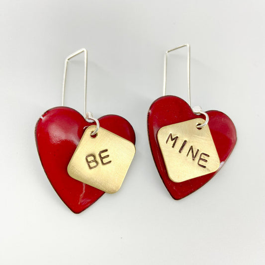 Earrings - Red BE MINE Heart - Enamel on Copper with Brass