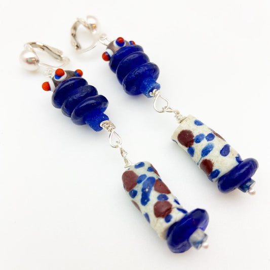Clip Earrings - African Trade Beads on Sterling