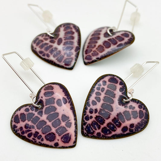 Earrings - Purple Print on Pink Hearts - Enamel on Copper