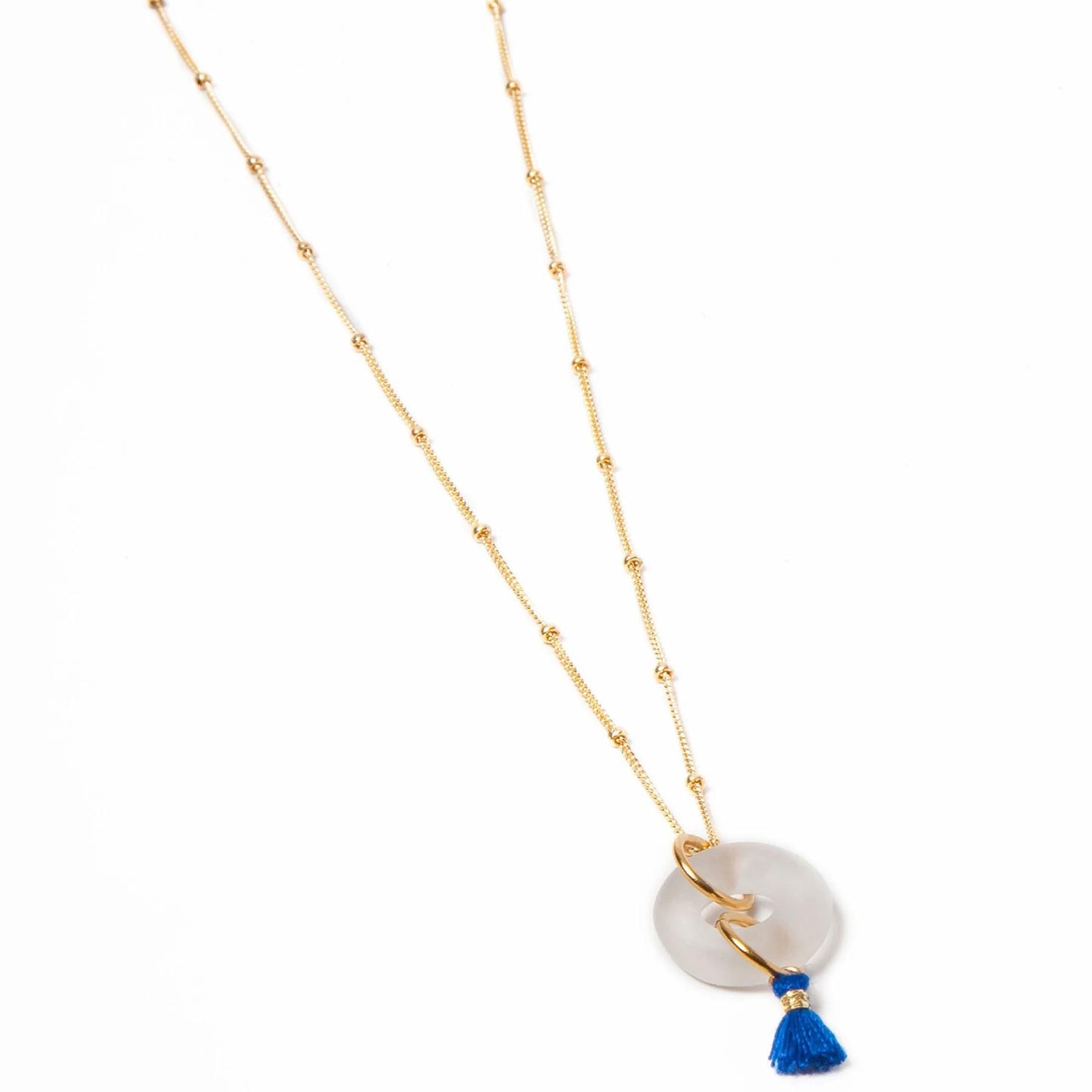 Necklace - Reclaimed Glass Ring on 14kt Goldfill - Antique Clear with Navy Tassel