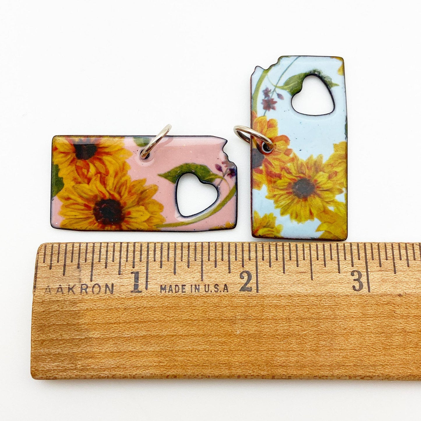 Pendant - Kansas Shape with Sunflowers on White - Enamel on Copper