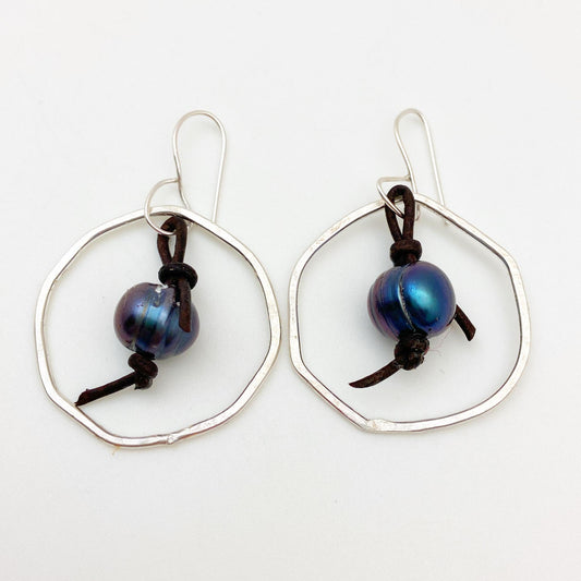 Earrings - Corded Dark Pearl in Silver Hoops - Sterling Originals