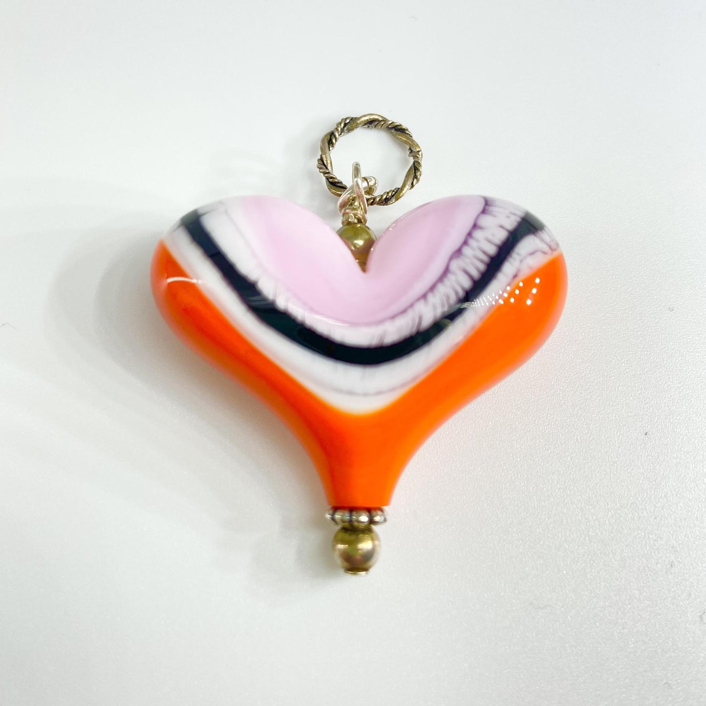 Pendant - Pink and Orang Stripe Heart - Handmade Glass