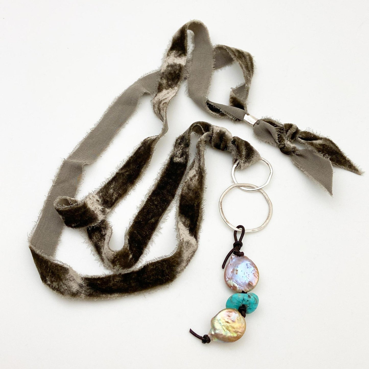 Necklace - Sterling Hoops and Corded Pearl and Turquoise on Grey Silk Velvet