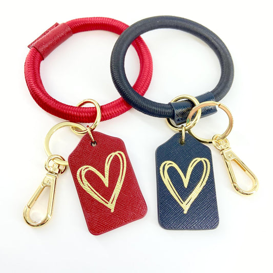 Bracelet Keyring - Leather & Woven Nylon - Green With Heart