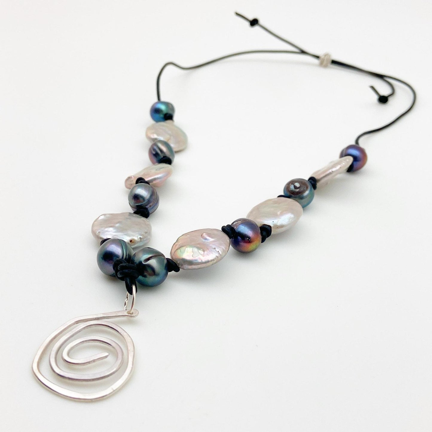 Necklace - Hand-Knotted Pearl on Leather - Sterling Swirl Pendant