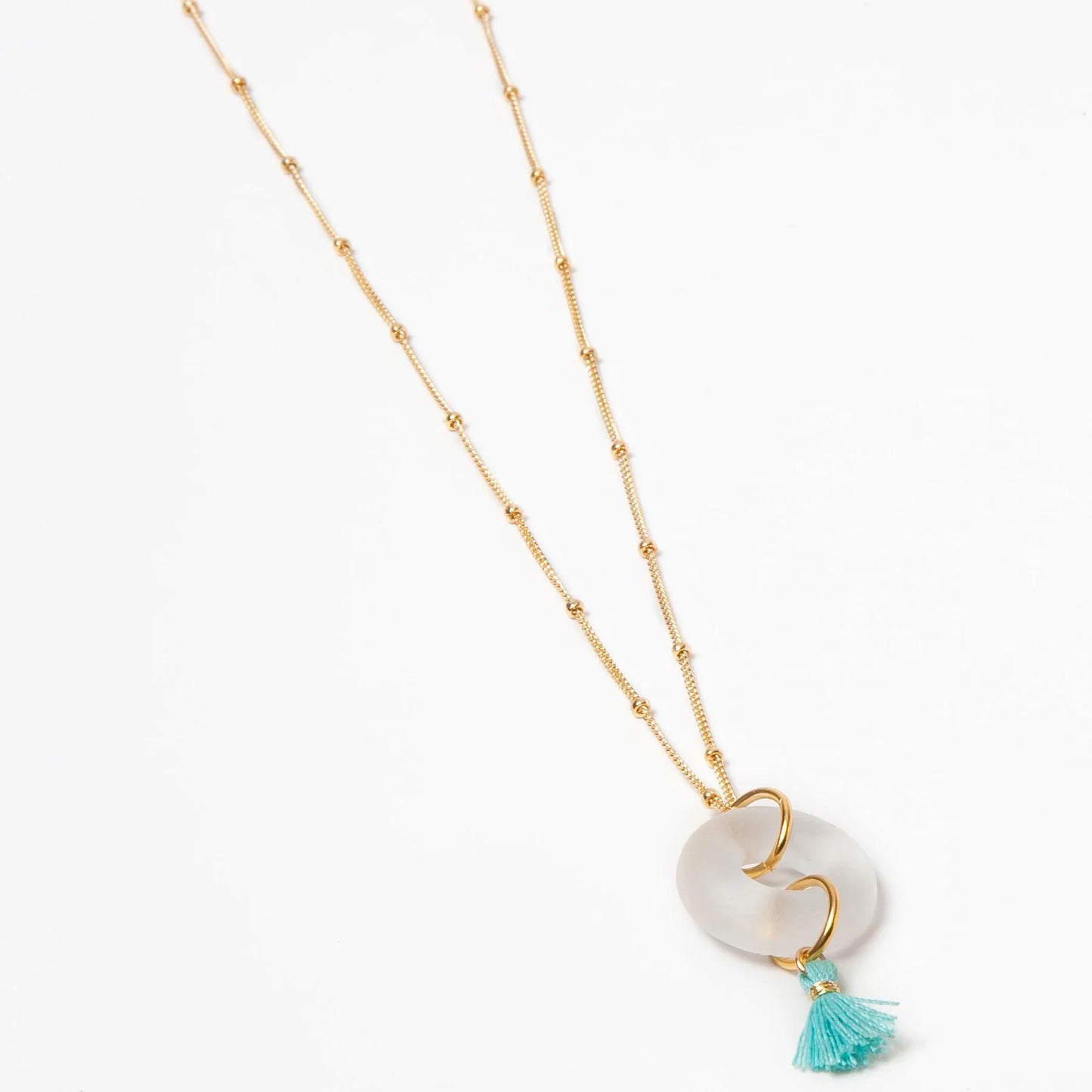 Necklace - Reclaimed Glass Ring on 14kt Goldfill - Antique Clear with Light Blue Tassel