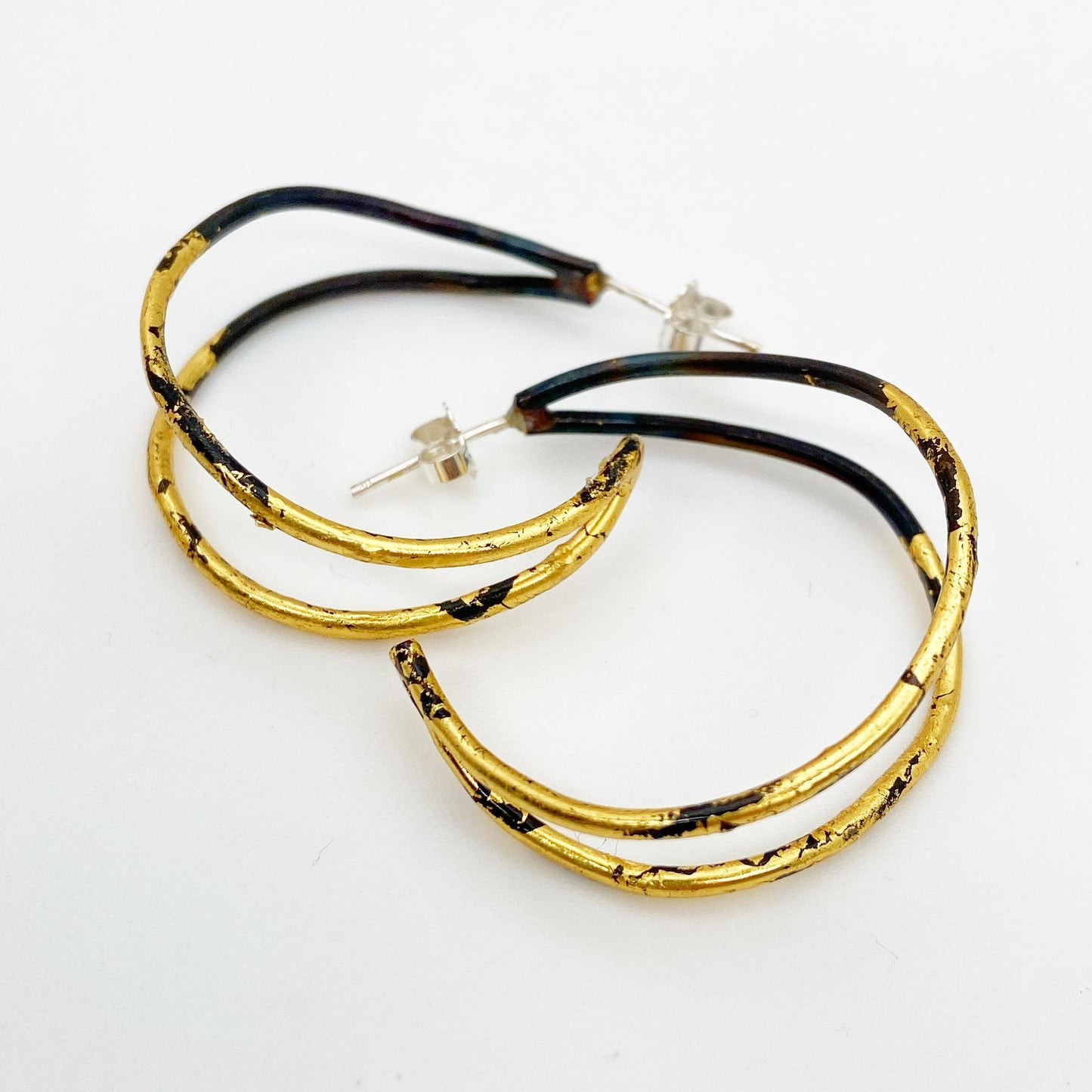Earrings - Double Semi-Circles in Blackened Steel with 23kt Gold
