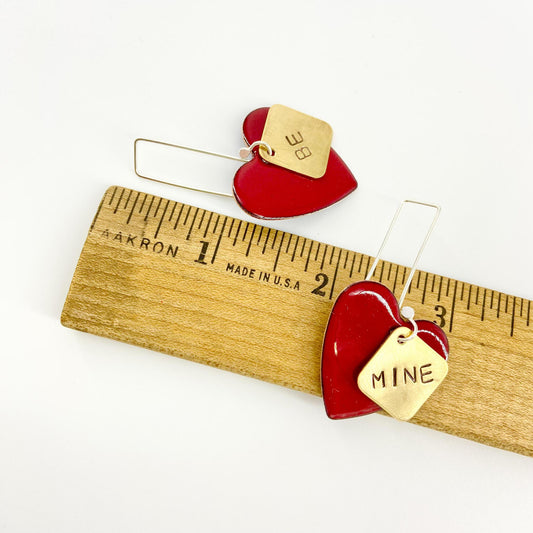 Earrings - Red BE MINE Heart - Enamel on Copper with Brass