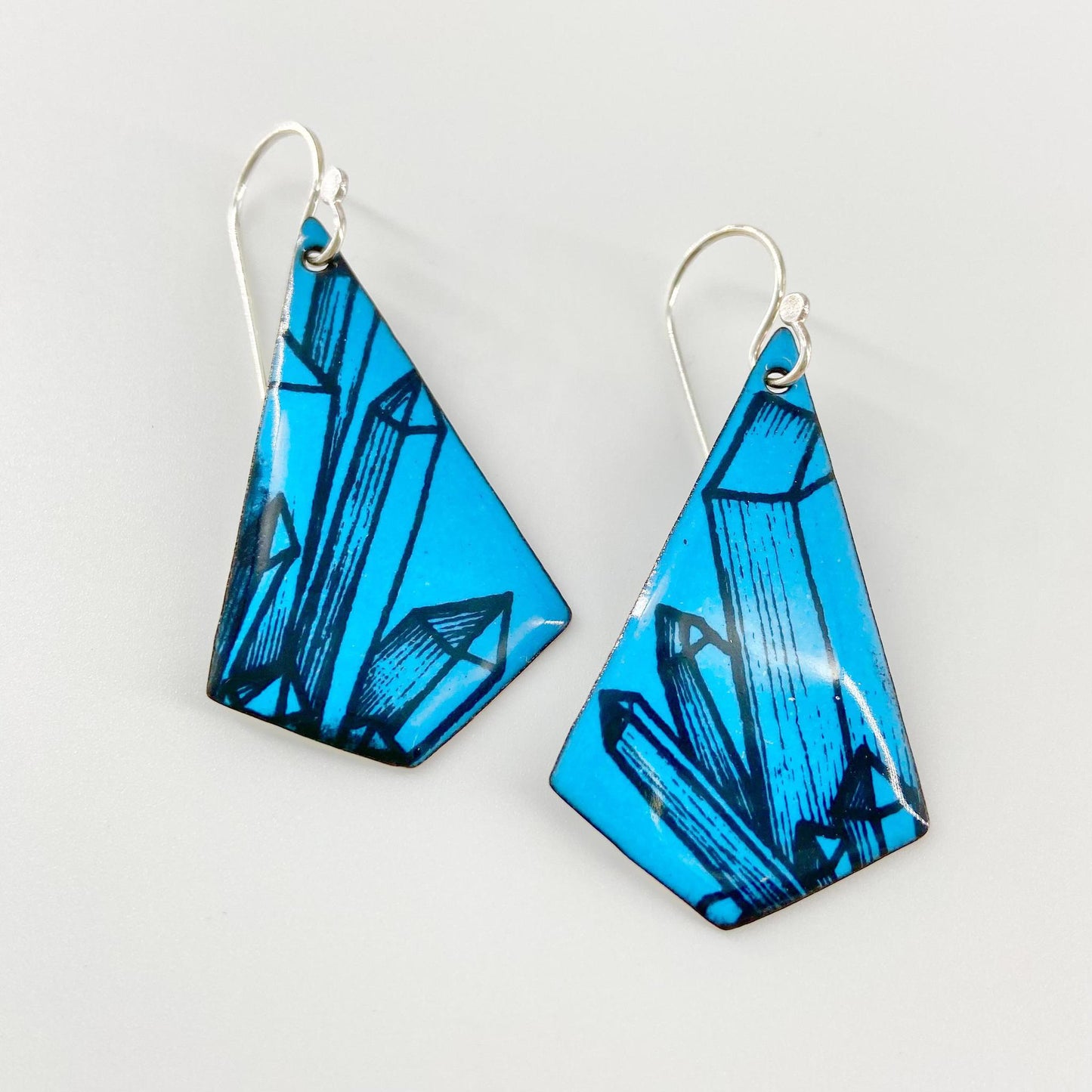 Earrings - Black Crystals on Blue Kites - Enamel on Copper