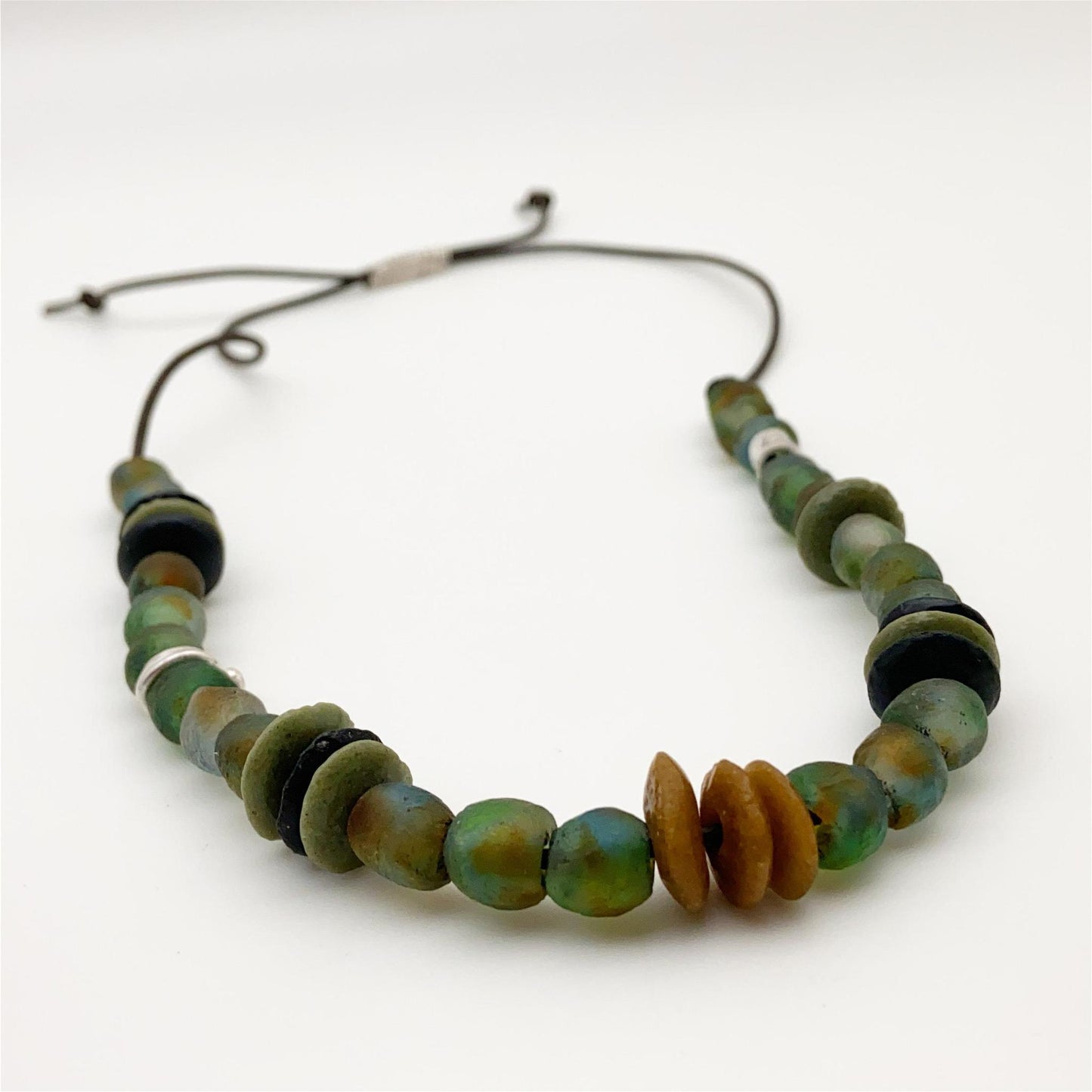Necklace - Glass Trade Beads on Leather with Sterling