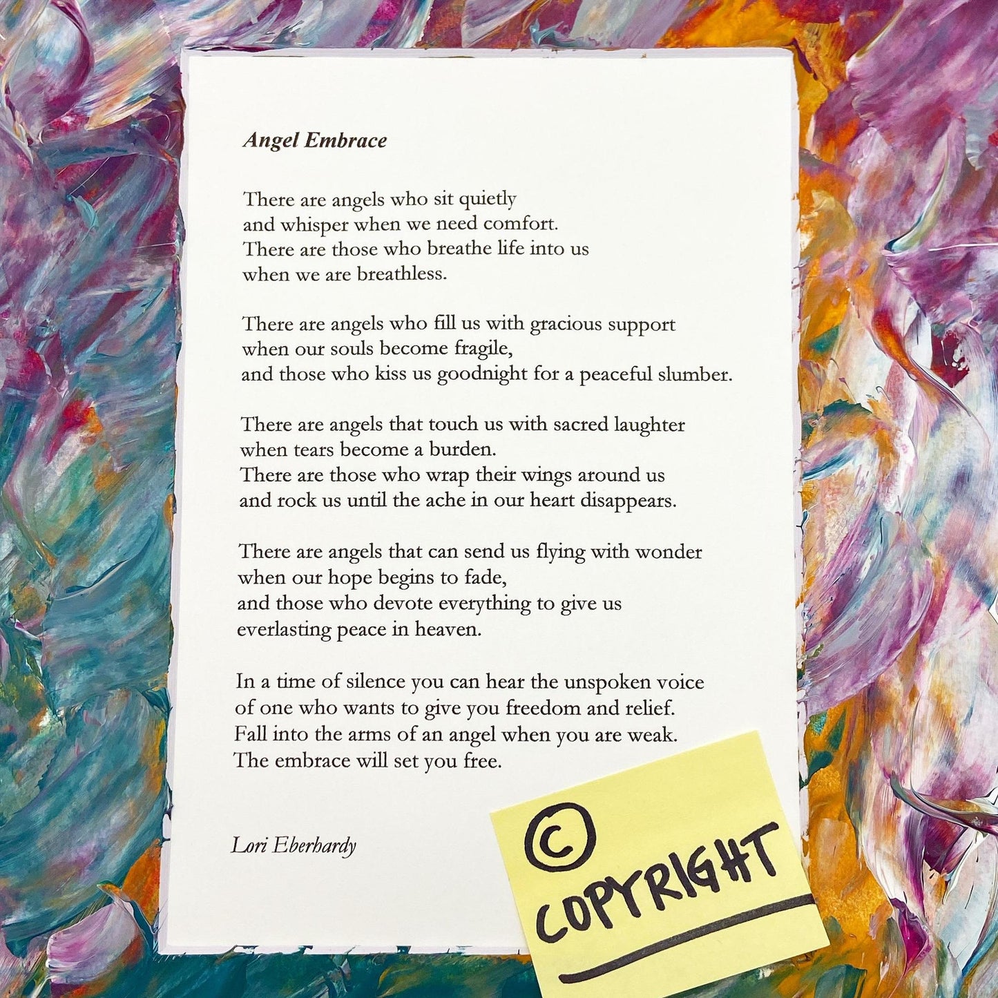 Original Poem Art Print - "Angel Embrace" - Hand-Painted Matte