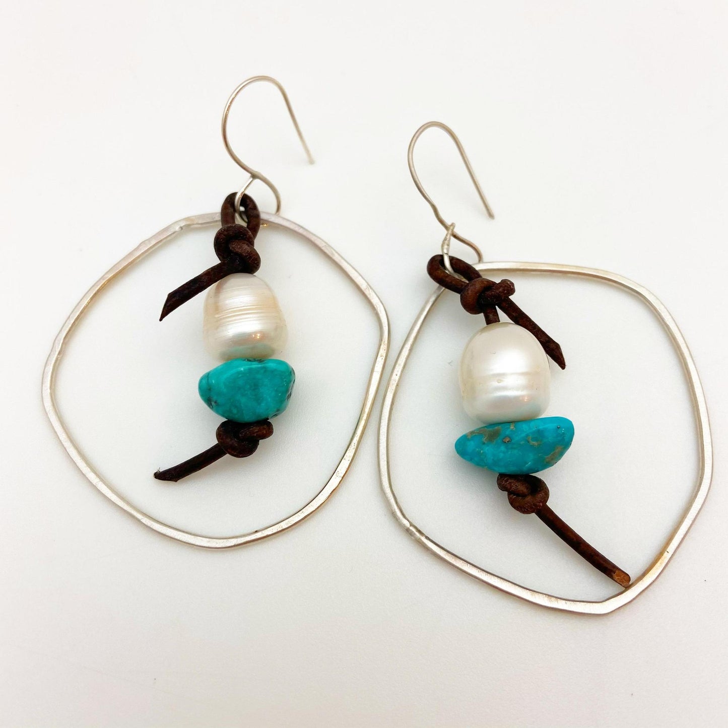 Earrings - Circle w/ Leather Knot/Pearl/Turquiose Drop - Sterling Silver