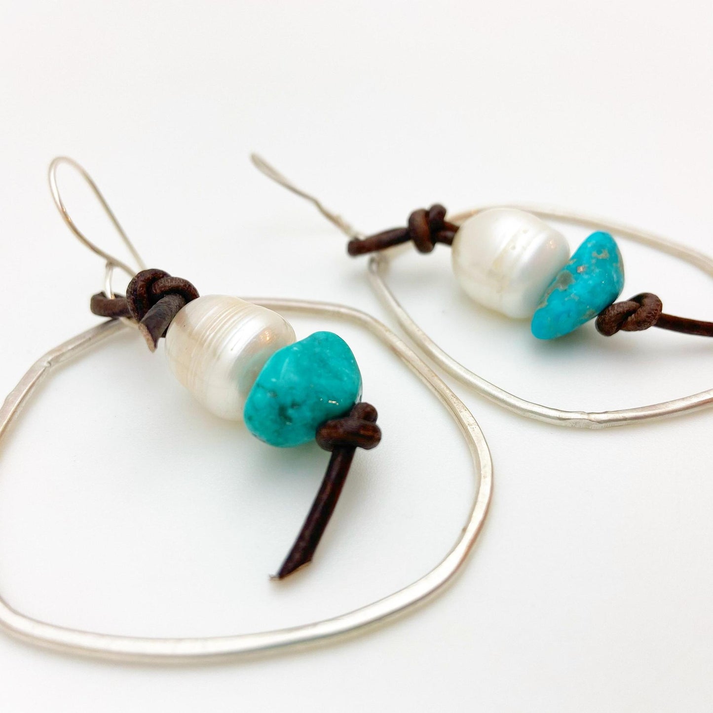 Earrings - Circle w/ Leather Knot/Pearl/Turquiose Drop - Sterling Silver